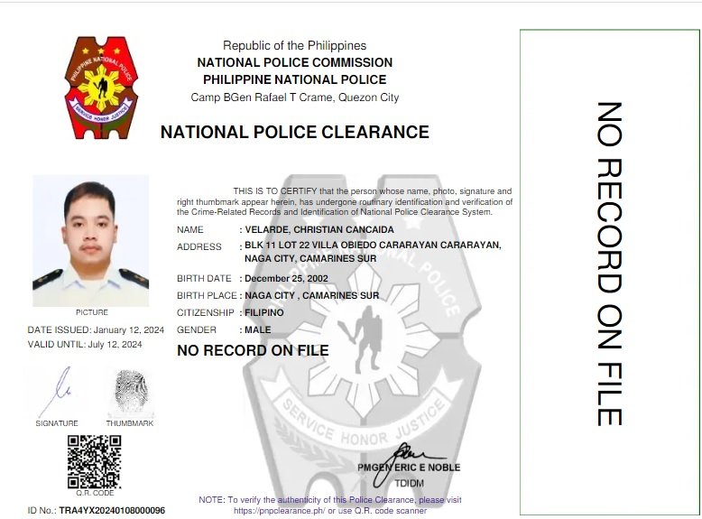 National Police Clearance Sample