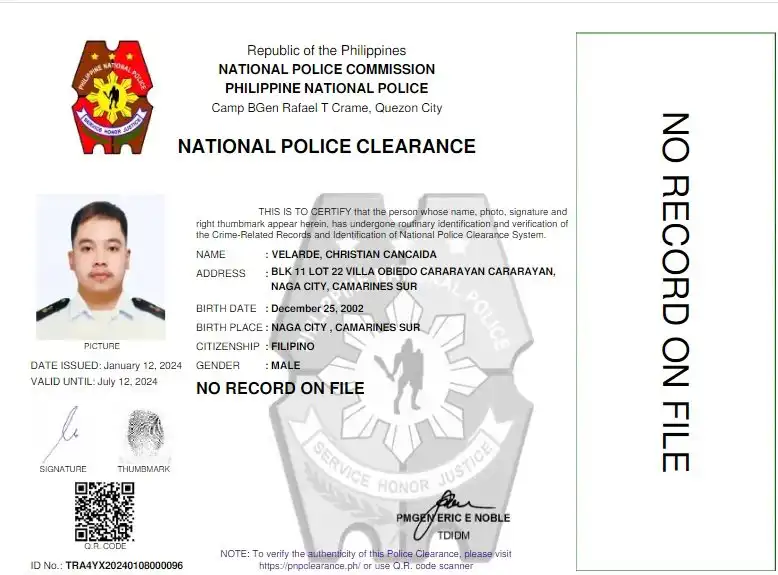 National Police Clearance Sample